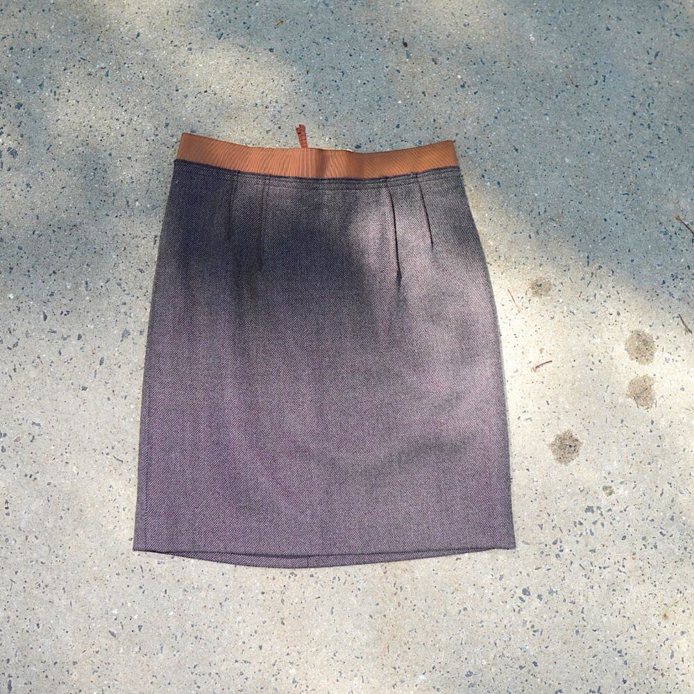 LOFT Gray Tweed Wool Blend Pencil Skirt Brown Ribbon Waist Petite 2P Office Work